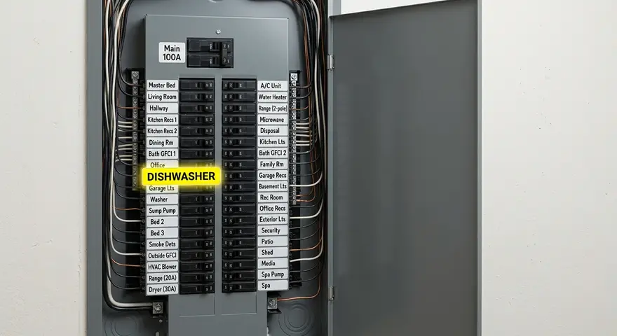 Electrical Panel with Labeled Dishwasher Dedicated Breaker