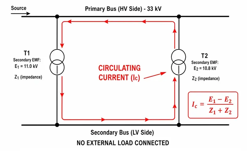 Schematics showing Circulating Current in Parallel Transformers