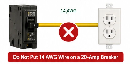 Why 14 AWG wire should not be used on a 20 amp breaker