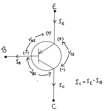 PNP Transistor with labelled currents IE, IB, IC and voltages VBE, VCE and VBC