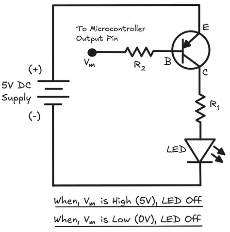 Circuit diagram showing PNP Transistor as switch
