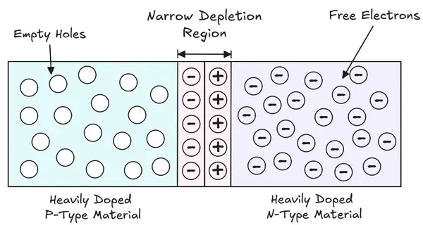 Figure showing construction of a Zener Diode using heavily doped P and N Type Semiconductor Materials with Narrow Depletion region